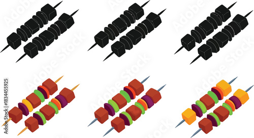 Grilled meat skewers raw and cooked vector illustration