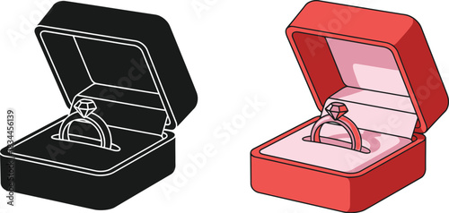 Engagement ring in box illustration color and black and white versions
