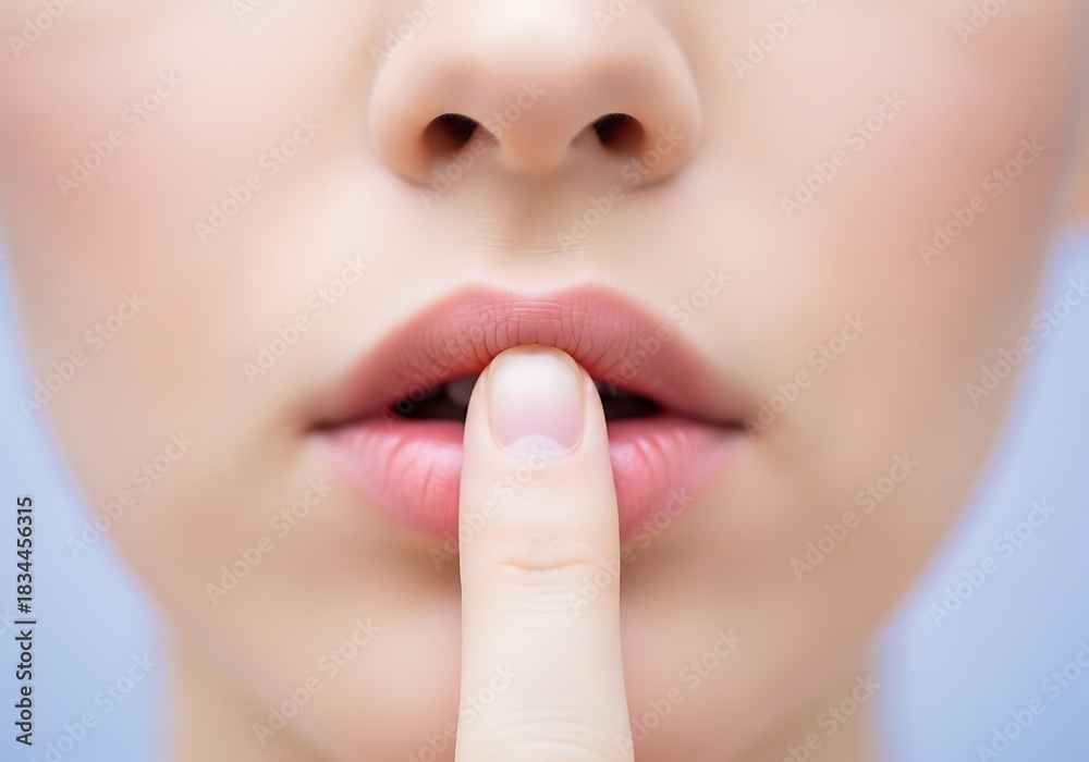 Obraz premium Close-up of Woman's Finger on Lips Requesting Silence and Secrecy.