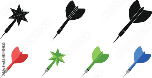 Collection of darts with different flights and colors on white background