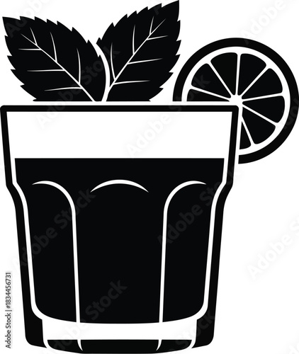 Black and white cocktail illustration with mint and orange slice garnish