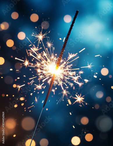 Bright Sparkler with Golden Sparks and Bokeh Lights