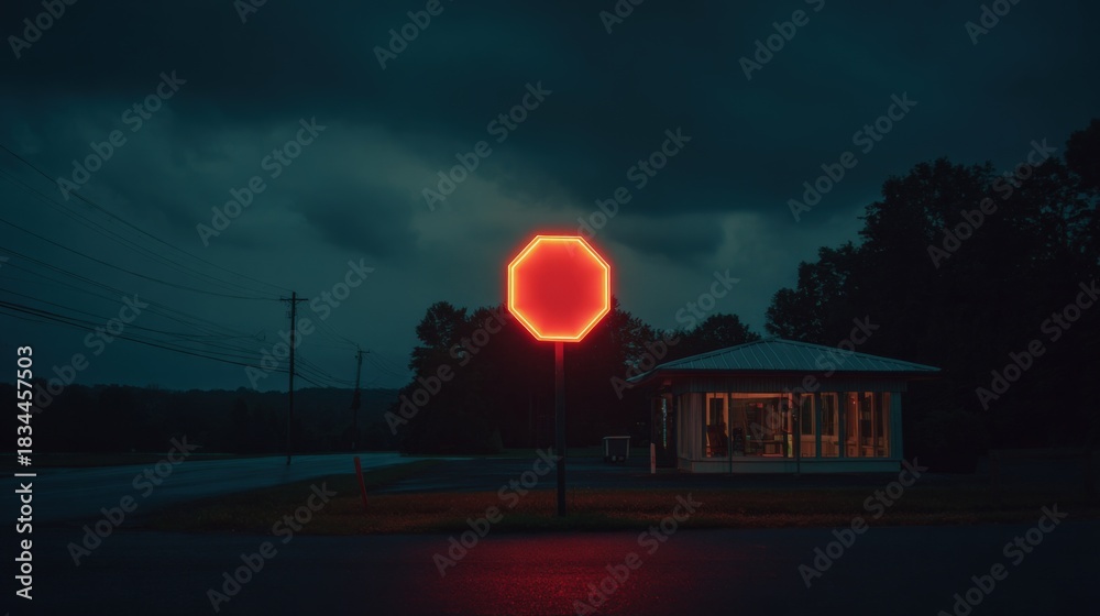 Fototapeta premium Illuminated Stop Sign at Twilight: Urban Safety and Atmospheric Night Scene