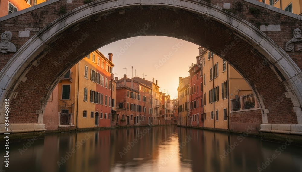 Naklejka premium Picturesque European canal with colorful buildings and calm water reflections is framed by an old stone bridge arch during a beautiful golden hour sunset