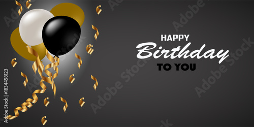 Vector happy birthday horizontal illustration golden and black air balloon with text and glitter confetti. Holiday design for greeting card. party banner design. vector ilustration