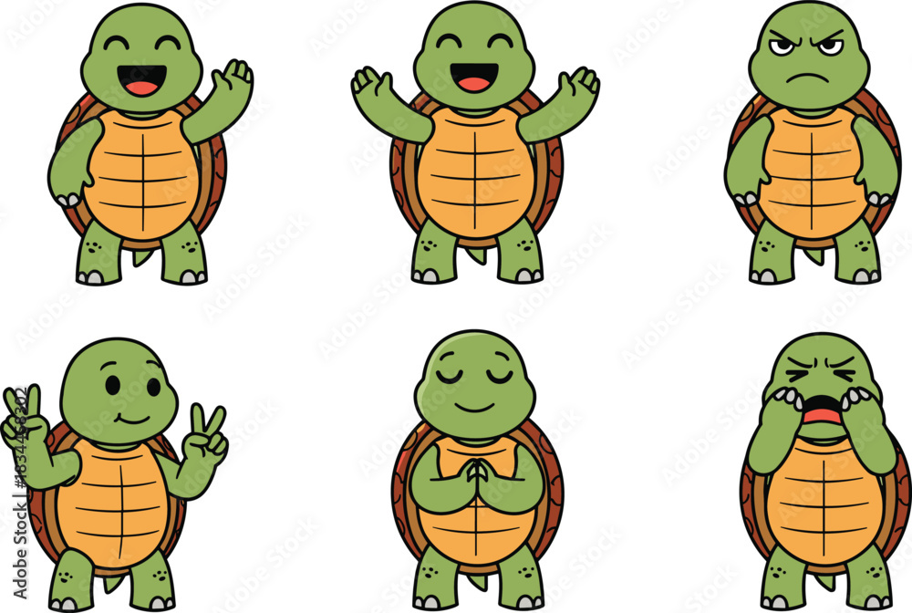 Obraz premium Cartoon turtle character set with emotional expressions and gestures, cute green animal poses for kids, flat vector illustration