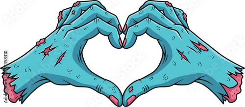 Cartoon zombie hands forming heart shape with exposed flesh and wounds, horror love concept design, flat vector illustration
