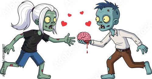 Cartoon zombies sharing brain with hearts between them, humorous horror love scene with affection gesture, flat vector illustration