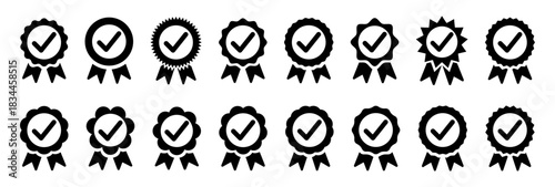 Certified checkmark badge icon set. Approved award, prize or quality symbol. Verified achievement sign with ribbon. Vector illustration on transparent background.