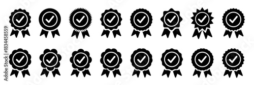 Certified checkmark badge icon set. Approved award, prize or quality symbol. Verified achievement sign with ribbon. Vector illustration on transparent background.