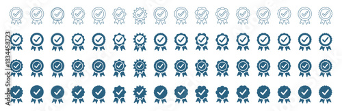 Certified checkmark badge icon set. Approved award, prize or quality symbol. Verified achievement sign with ribbon. Vector illustration on transparent background.