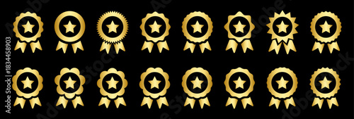 Golden star award badge icon set. Premium prize and achievement symbol with ribbon in glossy luxury style. Vector illustration.