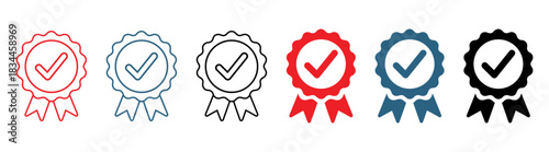 Certified checkmark badge icon set. Approved award, prize or quality symbol. Verified achievement sign with ribbon. Vector illustration on transparent background.
