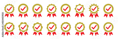 Certified checkmark badge icon set. Approved award, prize or quality symbol. Verified achievement sign with ribbon. Vector illustration on transparent background.