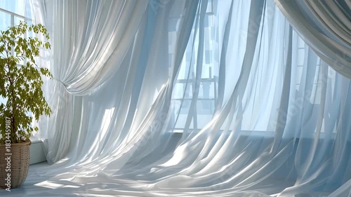 Beautiful transparent white curtains hanging on a large window are gently swaying in the wind, creating soft shadows on the floor of a bright and airy room with a potted plant