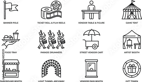 Fairground icons, festival elements, vendor booth, parade drummers, food tray, artist tent, ticket roll, light arch, street cart, gift token