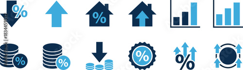Finance icon set, economic growth symbols, investment and interest rate graphics, mortgage visuals, blue theme, cad drawing flat vector