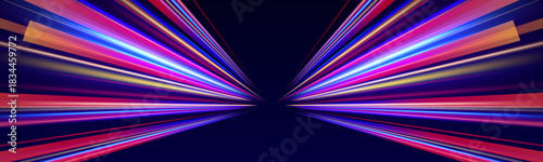 Electric beams slide through a dark ambient field, forming luminous threads. Blue, violet, and red hues merge in fast vibrating currents. The composition embodies modern motion design.