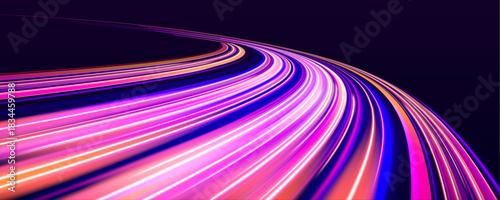 Sharp digital curves twist through a glowing cyber grid. Intense pink and cyan rays sweep forward like accelerated signals. The illuminated lines convey futuristic network power.