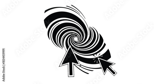 Abstract vortex with swirling lines and arrow cursors suggesting digital interaction or data flow