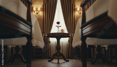 Elegant restaurant table set for two with a single red rose in a vase, viewed from a low angle in a classic, romantic interior with warm, moody lighting
