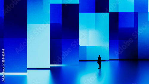 Silhouette of a man against a digital blue geometric background