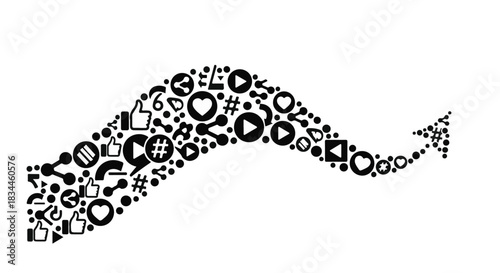 Digital social media icons forming an upward trending arrow, symbolizing growth and connection