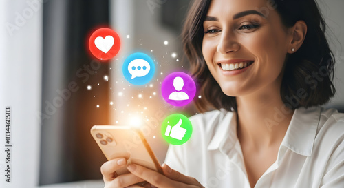 Young Woman Smiling While Using Smartphone with Social Media Icons Floating.