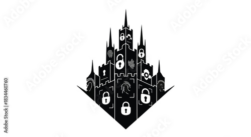 Fantasy castle silhouette with integrated lock symbols, representing security and protection.