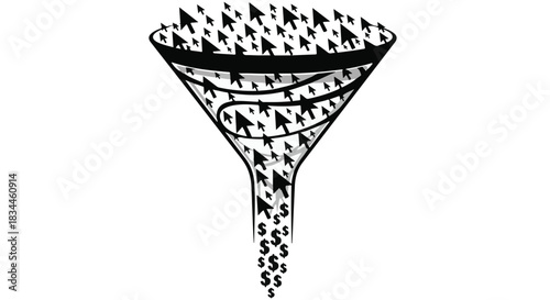 Digital marketing funnel with cursors flowing into money symbols, illustrating online sales conversion.