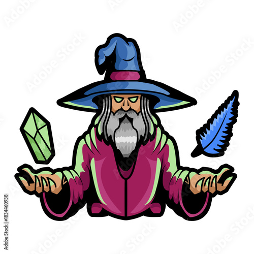 Wizard levitating crystal and feather color stroke