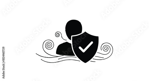 Person protected by a shield with a checkmark, symbolizing security and safety
