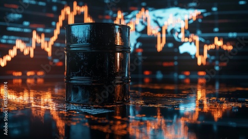 Black Oil Barrel with Financial Chart Background Representing Global Energy Market and Petroleum Industry, Investment and Trading, Commodities and Economic Crisis.