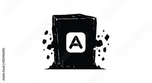 Abstract cube with letter A breaking apart, symbolizing transformation or disruption.