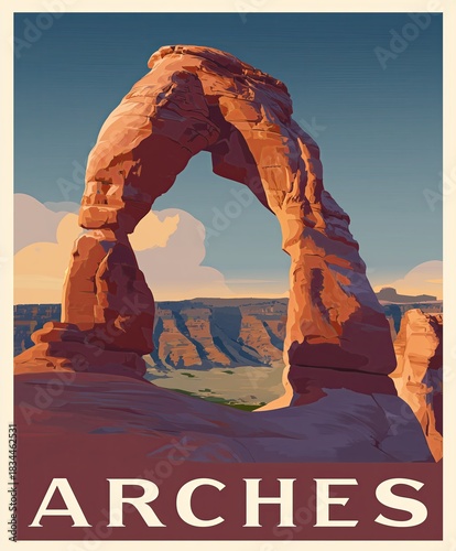 Vintage poster of Delicate Arch at sunset, with bold “ARCHES” text below highlighting Utah iconic natural wonder in nostalgic travel art