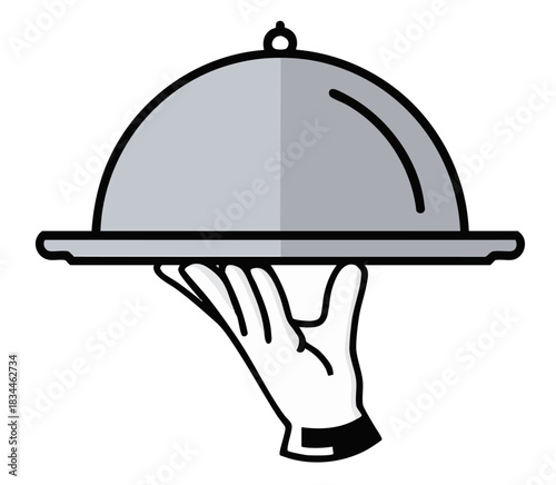 Flat cartoon illustration of a silver cloche food tray held up by a gloved waiter's hand