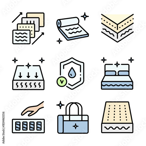 Mattress for sleeping color icons set. Memory foam symbols shows different types of mattresses with features like breathability, firmness, and pressure relief.