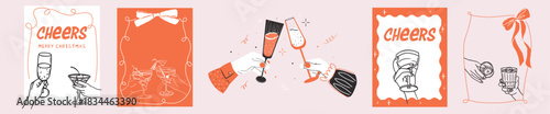 Christmas greeting cards. Elegant Xmas design in trendy retro whimsical hand drawn doodle style with bow and ribbons, frames, champagne, frames and cocktails. New year cheers banner, poster, covers