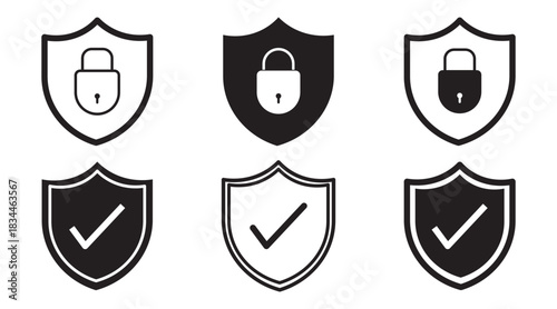 Set of security shield icons, security shields logotypes with check mark and padlock. Security shield symbols. Vector illustration.