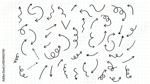 Hand drawn arrows and curved pointer lines set