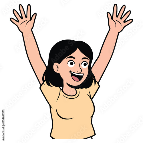 Illustration of cartoon illustration of a happy young woman with black hair raising both arms in celebration