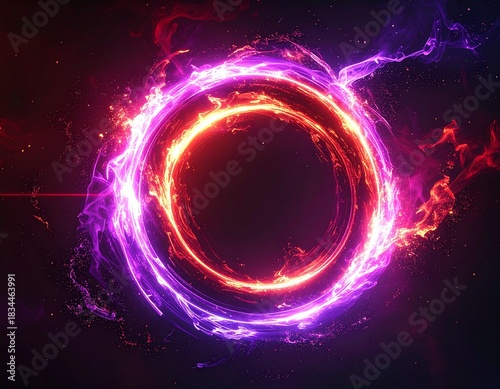 Colorful circle of light with flame and energy effects set against a dark background in an abstract style