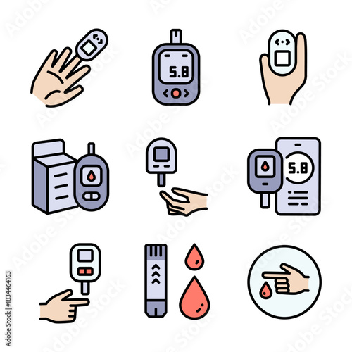 Glucometer Device color icons set. Performing blood glucose tests using glucometers. Glucose Test, Diabetic Consultation, Health Support.
