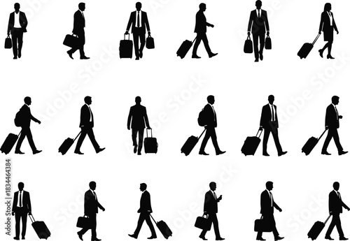 Silhouettes of business people traveling, walking with suitcases, luggage, carrying briefcase, airport travel vector illustration set on white background.