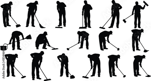 Set of janitor and maintenance worker silhouettes vector pack, diverse people cleaning floor, sweeping, mopping, working, sanitation, and professional cleaner figures.