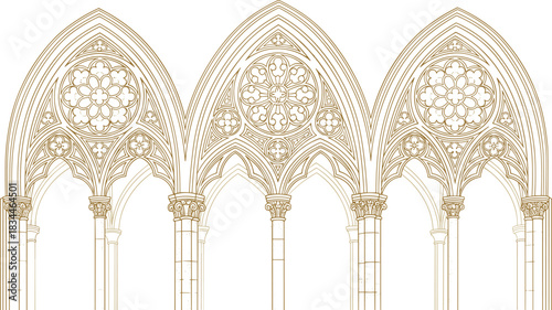 Gothic architectural arch illustration, rose window design, ornate tracery detail, medieval church structure, pointed arch drawing, historic building sketch