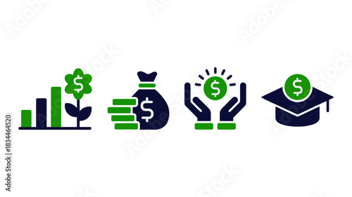 Invest in success with financial growth, savings, opportunity, and education icons for a brighter future, perfect for modern business and finance