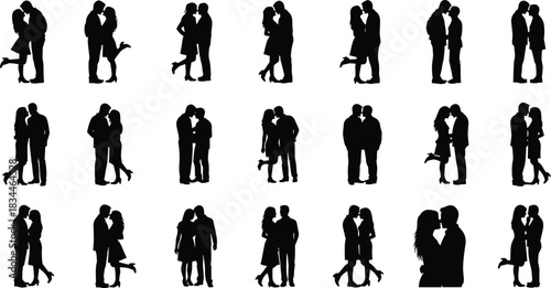 Silhouettes of diverse couples kissing and embracing, set of loving man and woman figures, romance, dating, and relationship vector pack.