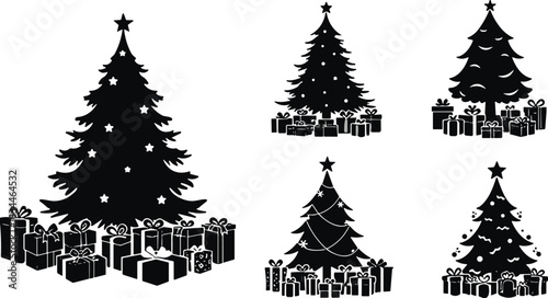 Set of Black Christmas Tree Silhouettes with Star Topper and Surrounded by Gift Boxes; Vector Collection for Winter Holiday Celebration and Festive Design