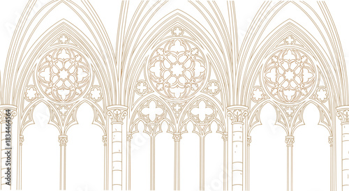 Gothic cathedral window illustration, ornate tracery design, rose window architecture, pointed arch detail, medieval church art, historic building sketch